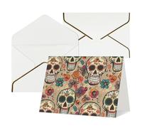 Mexican Skull Printed Pearl Paper Greeting Card, White - Folded Blank Cards with Gold Trim for Weddings, Birthdays, Christmas