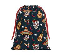 Mexican Skull Printing Soft Drawstring Gift Bag With Red Ribbon Durable For Christmas Halloween For Adults Gifting