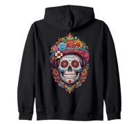 Mexican skull sugar skull and flowers Dia de los Muertos Zip Hoodie
