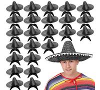 Mexican Sombero with Pom Pom Edges Fancy Dress Accessory With Moustache - Mexican Hat Straw Holiday Stag Night Clubbing Bandito - Black - Pack of 6