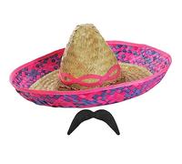 Mexican Sombrero and Costume Set - Blue Sombrero Straw Hat and Black Mexican Moustache - Mexico Party Fancy Dress Costume Accessory Set