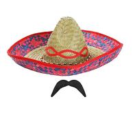 Mexican Sombrero and Costume Set - Blue Sombrero Straw Hat and Black Mexican Moustache - Mexico Party Fancy Dress Costume Accessory Set