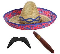 Mexican Sombrero and Tash Costume Set - Blue Straw Hat, Fake Cigar and Stick-On Moustache - Mexico Party Fancy Dress Accessory
