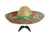 Mexican Sombrero and Tash Costume Set - Pack of 24 - Green Sombrero Straw Hat and Black Mexican Moustache - Mexico Party Fancy Dress Costume Accessory Set