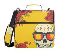 Mexican Style Cinco De Mayo Sunglasses Dia De Muertos Skull 1.5 Inch 3 Rings Zipper Binder with Strap Easy to Carry Portable Home Travel Safe Storage Bag for School/Office