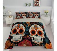 Mexican Sugar Bones Coverless Duvet Double 4.5 Tog, Traditional Floral Pattern Reversible Comforter With Pillowcases, 200X200Cm Quilt Lightweight Warm All Season 200Gsm Filling, Blue And Orange