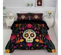 Mexican Sugar Bones Super King Duvet, Reversible Coverless Cute Floral Duvet Washable, Dark Green Bed Quilt For All Seasons - Lightweight Soft Comforter Bedding With Pillowcases
