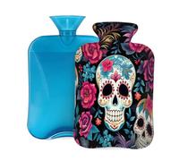 Mexican Sugar Skull Flower Hot Water Bottle with Cover, 2L PVC Hot Water Bag with Soft Cover, Reusable Heating Pad for Pain Relief Warm Hands Waist Abdomen Feet & Bed
