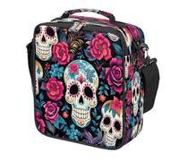 Mexican Sugar Skull Flower Kids Lunch Bag for Boys Girls, Reusable Insulated Leakproof Lunch Box with Shoulder Strap, Toddler Cooler Tote for School Picnic Travel Beach Hiking Fishing