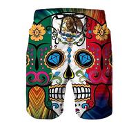 Mexican Sugar Skull Men's Summer Beach Shorts, Athletic Trunks, White, Large