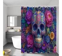 Mexican Sugar Skull Shower Curtain 240X200Cm, Blue And Purple Printed Gothic Flowers Design, Waterproof Mould Mildew Proof Resistant Polyester Fabric Bathroom Shower Curtain Set With Hook