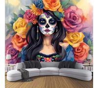 Mexican Sugar Skull Woman Portrait Mural Mixed Colors Murals Large Flowers Wallpaper Modern Photo Wallpaper for Bedroom Living Room Hotels 250×175 Cm Fashion Hd Wallpapers Home Decor Art
