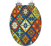 Mexican Talavera Toilet Seat Elongated Ceramic Tile Style Italian Resin Quiet Close Quick Release with Bumpers Easy to Install Clean Decorative Ethnic Folk Ornament