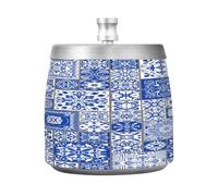 Mexican Tiles Mandala Blue White Ashtray with Lid, Windproof Cigarette Ash Tray for Outdoor Indoor, Stainless Steel Ashtray for Home Office Balcony