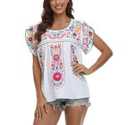 Mexican Tops for Women Embroidered Shirts Traditional Summer Tunic Crew Neck Fiesta Blouse, White, S