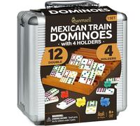 Mexican Train Dominoes Set with 4 Holders - Dominoes Double 12 with Wooden Hub and Tiles Holders - Double 12 Dominos Set for Family Game Night for Adults and Kids Ages 8 and up