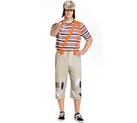 Mexican TV Cosplay Costume for Adult Men, Patchwork Overalls Suit Set with Striped T-shirt Hat for Halloween Party Outfit