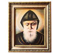 MEXICANDOO Lebanese Saint Charbel Makhlouf Framed Print (Cuadro de San Charbel) 11x13 inch with Golden and Silver Plated Finish Wall Art Decoration
