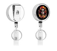 Mexico Dia De Los Muertos Cute Retractable Metal ID Badge Holder Reel Clip Keychain for Office Work