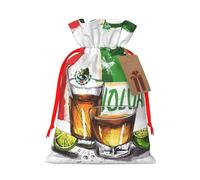 Mexico Flag And Tequila Printed Christmas Drawstring Gift Bags-Xmas Wrapping Bags,Candy Bag,For Holiday Party Decorations,Wedding Party Supplies M Red Ribbon
