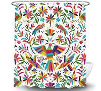Mexico Floral Shower Curtain for Bathroom, Traditional Mexican Bluebird Otomi Style Bright Pattern Bath Curtains, Paisley Flowers Ethnic Color Fabric Modern Bathroom Accessories with Hooks 69x70