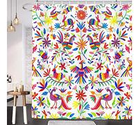 Mexico Floral Shower Curtain for Bathroom, Traditional Mexican Bluebird Otomi Style Bright Pattern Bath Curtains, Paisley Flowers Ethnic Color Fabric Modern Bathroom Accessories with Hooks