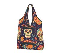 Mexico Flower Skull Foldable Shopping Bag Reusable Grocery Bags Day Of The Dead Skeleton Portable Travel Pounch for Camping