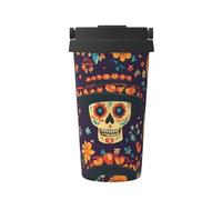 Mexico Flower Skull Insulated Coffee Cup with Leakproof Lid 500ml Day of The Dead Skeleton Reusable Vacuum Travel Mug Portable Stainless Steel Thermal Bottle for Hot Cold Drinks