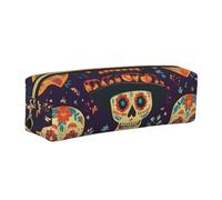 Mexico Flower Skull Pencil Case for Boys Girls Day of The Dead Skeleton Leather Pen Pouch Holder for School Office Travel Portable Stationery Organizer Makeup Bag Gold Zip