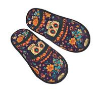 Mexico Flower Skull Slippers for Women Men Day Of The Dead Skeleton Non-Slip House Slippers Indoor Comfy Fuzzy Footwear Memory Foam Bedroom Travel Shoes L