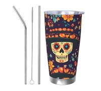 Mexico Flower Skull Tumbler with 2 Straw and Lid Thermal Car Cup Holder Day of The Dead Skeleton 20OZ Insulated Tumbler Stainless Steel Vacuum Travel Coffee Mug for Hot Cold Drinks