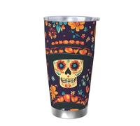 Mexico Flower Skull Tumbler with Lid Thermal Car Cup Holder Day of The Dead Skeleton 20OZ Insulated Tumbler Stainless Steel Vacuum Travel Coffee Mug for Hot Cold Drinks