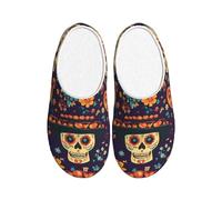 Mexico Flower Skull Women's Slippers Flannel House Slippers for Men Day Of The Dead Skeleton Non-Slip Warm Winter Shoes for Indoor Outdoor UK 6-7