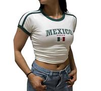 Mexico Jersey Shirt Women Summer Y2k Graphic Baby Tees Short Sleeve Cute Crop Tops Mexican Vintage 2000s Clothing, White Green Red, M