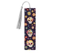 Mexico Skull Flower Bookmark Sugar Skull Wooden Bookmark with Tassel Book Mark for Women Men Reading Page Markers Gifts for Book Lovers