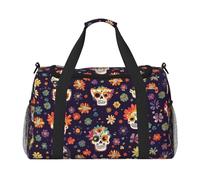 Mexico Skull Flower Travel Duffle Bag Sugar Skull Gym Overnight Weekender Bag for Men Women Lightweight Carry On Luggage for Workout Holiday