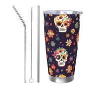 Mexico Skull Flower Tumbler with 2 Straw and Lid Thermal Car Cup Holder Sugar Skull 20OZ Insulated Tumbler Stainless Steel Vacuum Travel Coffee Mug for Hot Cold Drinks