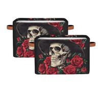 Mexico Skull Head Storage Bins Basket, Day of The Dead Collapsible Rectangle Storage Box ,With Handles Toy Organizer Bin ,for Shelf Closet/Home/Bedroom/Kids Room/Laundry Room ,2(pack)