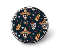 Mexico Sugar Skulls Guitar Round Brooch Pin, Unisex Smooth Surface Lapel Tie Pin, Lightweight Badge Jewelry Crafts Decor for Costume Accessory Men Women