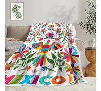 Mexico Throw Blanket, Floral Throw Blanket, Mexican Traditional Floral Bluebird Otomi Style Bright Cozy Warm Bed Couch Blanket, Paisley Flowers Ethnic Color White Flannel Throws Decorate Room