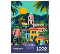 Mexico Town Minimalist Art 1000 Piece Jigsaw Puzzle, Historic Square Architecture, Premium Paper Puzzle, Decorative Artwork for Travel Lovers, Paper Board, 70x50cm/1000pcs