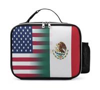 Mexico U.S. Flag Leather Lunch Bag Insulated Lunchbox Meal Tote Handbags with Detachable Buckled Handle