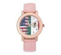 Mexico U.S. Flag Women's Watch Pink Rose Gold Strap Wristwatch Minimalist Easy Reader Watchec