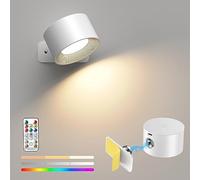 Mexllex Battery Operated Wall Light with 16 RGB Lights, Rechargeable Wall Lamp with Remote Control, 360° Rotatable Wall Sconce Wireless Reading Light, Magnetic Bedside Wall Lamp, White