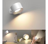 Mexllex Rechargeable Wall Light Indoor, 3 Brightness Levels 3 Colour Modes Bedside Lamp, 360° Rotatable Touch Control Wall Lamps for Bedroom Living Room Hallway Wireless Sitck on Lights, White