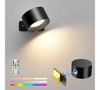 Mexllex Rechargeable Wall Light Indoor with 16 RGB Lights, Battery Operated Wall Light with Remote Control, 360° Rotatable Touch Control Reading Light, Magnetic Bedside Wall Lamp for Bedroom, Black