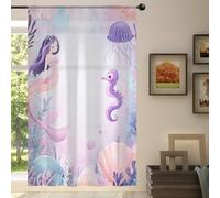 Mexpekil 1 Panel Sheer Curtain Cute Mermaid Seahorses Animal Semi-Sheer Rod Pocket Drapes for Living Room Bedroom Office Window Voile Curtain 55x78in Drop(140x198cm)