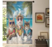 Mexpekil 1 Panel Sheer Curtain Funny Animal Cat Sea Beach Semi-Sheer Rod Pocket Drapes for Living Room Bedroom Office Window Voile Curtain 55x78in Drop(140x198cm)