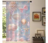 Mexpekil 1 Panel Sheer Curtain Glittery Ocean Seashells Pink Bow Semi-Sheer Rod Pocket Drapes for Living Room Bedroom Office Window Voile Curtain 55x84in Drop(140x213cm)