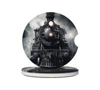 Mexpekil 2 Pack Car Coasters for Cup Holders with Anti-Slip Cork Base Black Cool Train Absorbent Ceramic Auto Coasters for Drinks Universal Car Accessories for Women Men